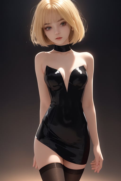 A close-up shot of a blunt bob dark haired girl standing confidently against a dark background. She wears a sleek mini polkadot dress that showcases her toned legs, paired with opaque black pantyhose that adds a touch of sophistication. Her bright blonde hair is styled neatly, framing her face as she gazes directly at the camera with a hint of mischief in her eyes.