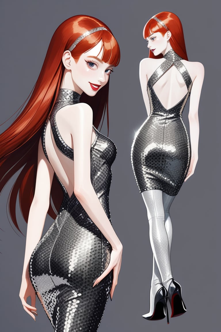 ((Front and back detail view)) Finnish girl. (Fashion Lookbook) Stunning. Smiling. Detailed High heels. Skinny body. Long hair with bangs. Wide hips. Color eyelashes. Happy. silver Carbon and diamond sequin mini tight dress. Standing. Pale skin. Redhead