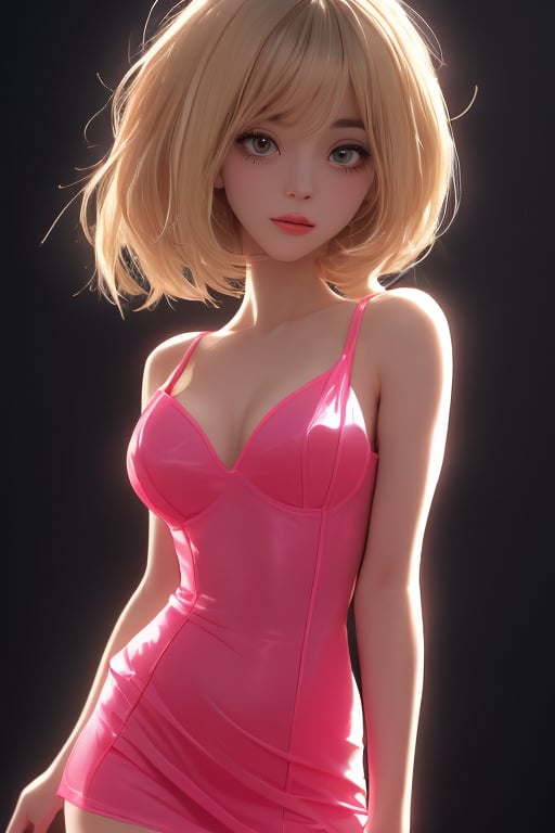 A close-up shot of a blunt bob dark haired girl standing confidently against a dark background. She wears a sleek sheer mini pink dress that showcases her toned legs, paired with opaque black pantyhose that adds a touch of sophistication. Her bright blonde hair is styled neatly, framing her face as she gazes directly at the camera with a hint of mischief in her eyes.