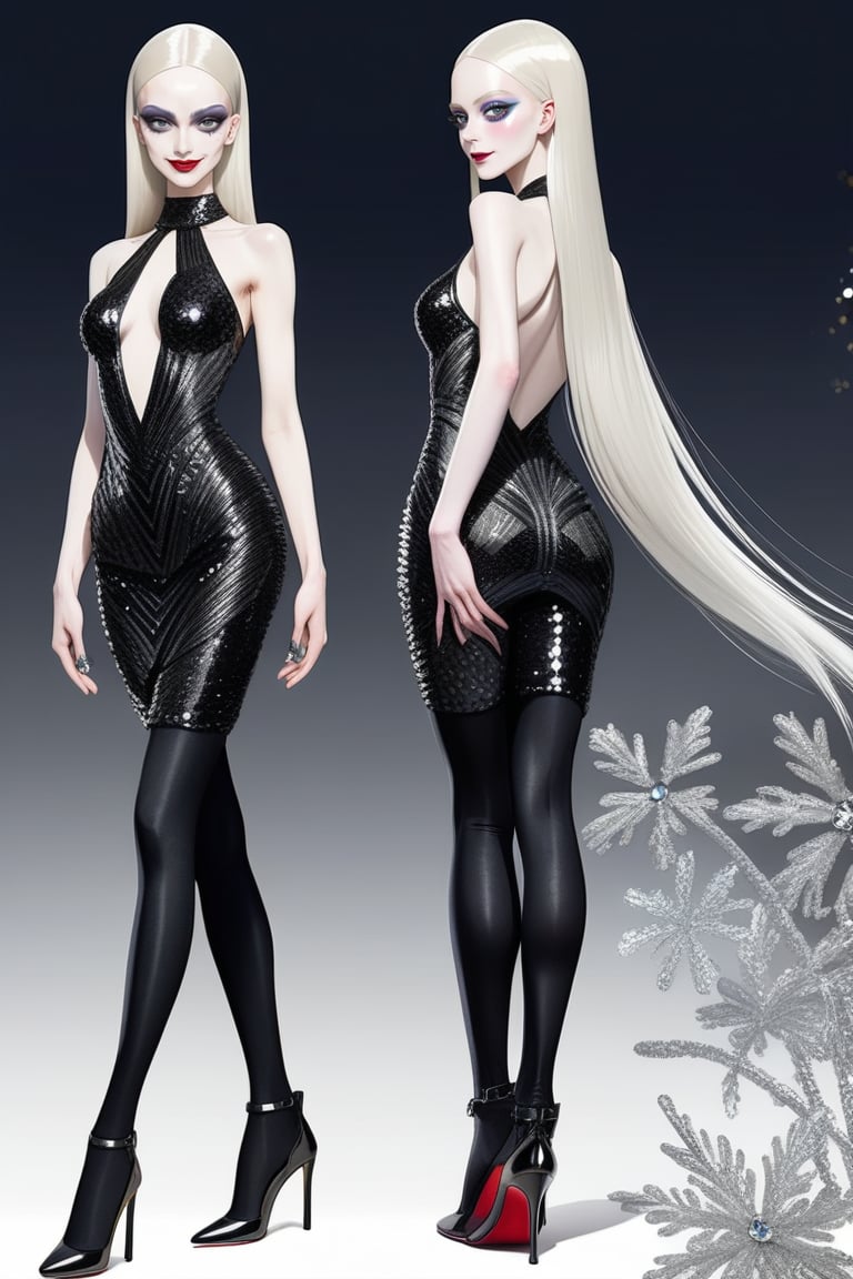 ((Front and back detail view)) Finnish girl. (Fashion Lookbook) Stunning. Smiling. Detailed High heels. Skinny body. Long hair with bangs. Wide hips. Color eyelashes. Happy. Carbon and diamond sequin layered mini tight dress. Standing. Pale skin.