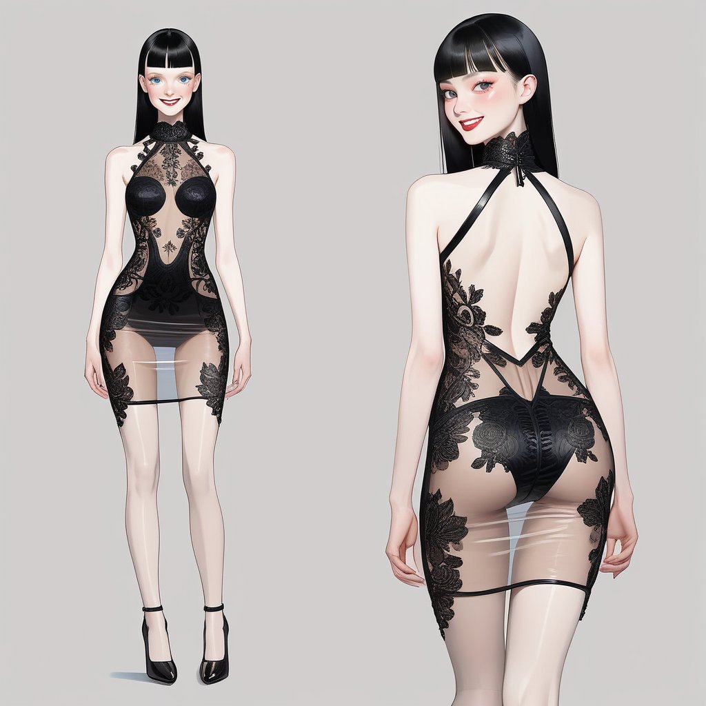 ((Front and back detail view)) Finnish girl. (Fashion Lookbook) Stunning. Smiling. Detailed High heels. Skinny body. Red and black Long hair with bangs. Wide hips. Happy. mini tight transparente see through dress. Standing. Pale skin.