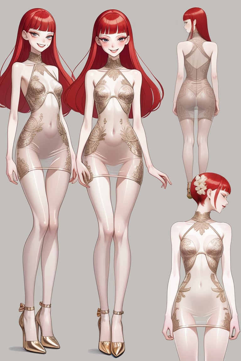 ((Front and back detail view)) Finnish girl. (Fashion Lookbook) Stunning. Smiling. Detailed High heels. Skinny body. Long hair with bangs. Wide hips. Happy. mini tight transparente see through dress. Standing. Pale skin. Red hair. Detailed eyes