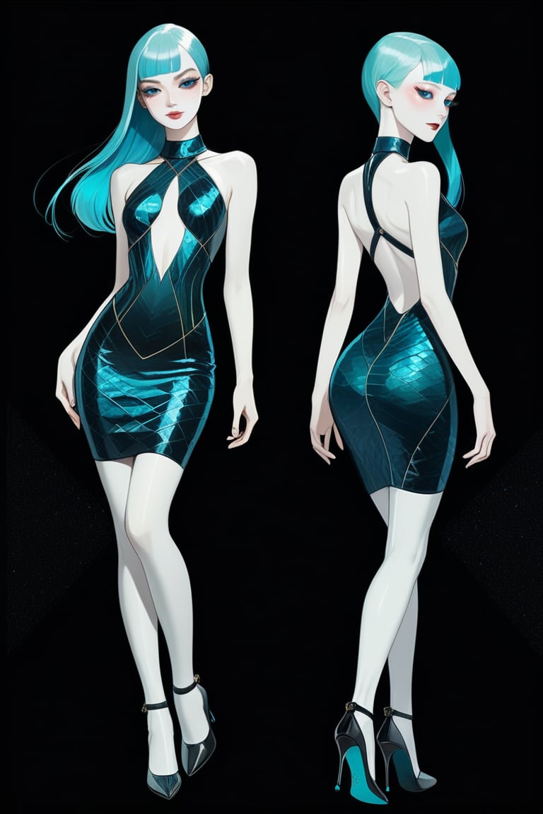 ((Front and back detail view)) Finnish girl. (Fashion Lookbook) Stunning. Smiling. Detailed High heels. Skinny body. Long hair with bangs. Wide hips. Color eyelashes. Happy. Carbon and diamond mini tight dress. Standing. Pale skin. Blue teal hair. Black background. Phosphorescent hair and clothes. Dark. No light.