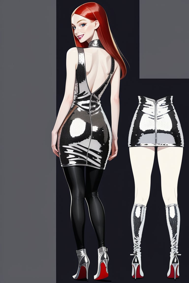 ((Front and back detail view)) Finnish girl. (Fashion Lookbook) Stunning. Smiling. Detailed High heels. Skinny body. Long hair with bangs. Wide hips. Color eyelashes. Happy. silver Carbon sequin mini tight dress. Standing. Pale skin. Redhead
