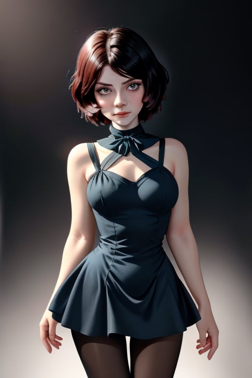 A close-up shot of a standing confidently against a dark background. (Elizabeth from Bioshock) She wears a mini see through dress that showcases her toned legs, paired with opaque black pantyhose that adds a touch of sophistication. Her bright blonde hair is styled neatly, framing her face as she gazes directly at the camera with a hint of mischief in her eyes. Slight false smile