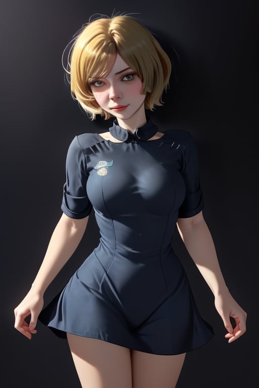 A close-up shot of a standing confidently against a dark background. (Elizabeth from Bioshock) She wears a mini see through dress that showcases her toned legs, paired with opaque black pantyhose that adds a touch of sophistication. Her bright blonde hair is styled neatly, framing her face as she gazes directly at the camera with a hint of mischief in her eyes. Slight false smile