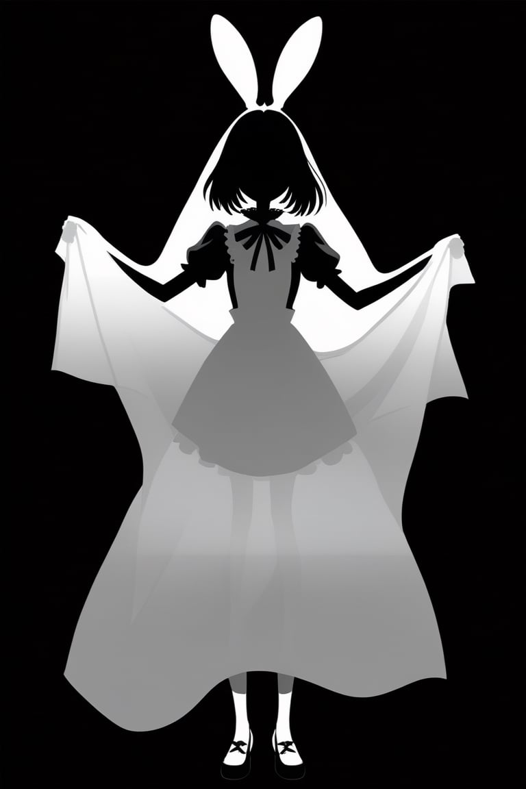 Holding up a translucent towel, Silhouette visible. Frontal view. Alice form Alice madness returns. 