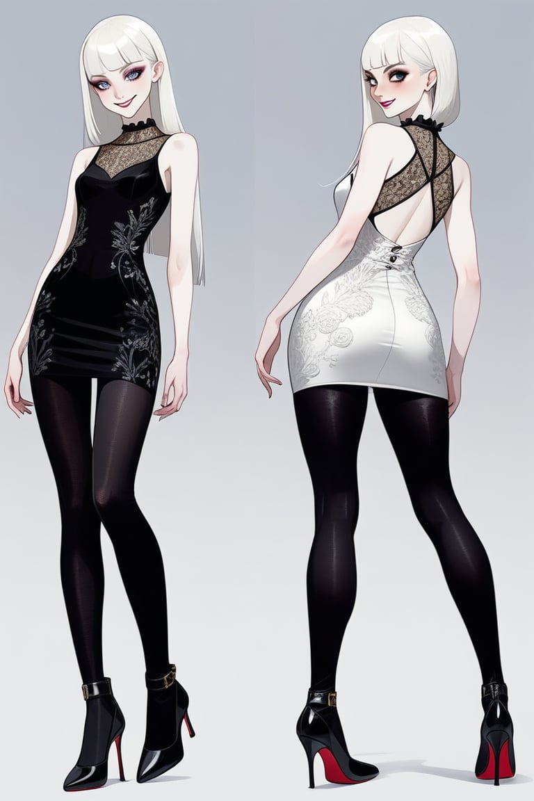 ((Front and back detail view)) Finnish girl. (Fashion Lookbook) Stunning. Smiling. Detailed High heels. Skinny body. Long hair with bangs. Wide hips. Eye shadows. Happy. White mini tight dress. Standing. Pale skin. Black pantyhose