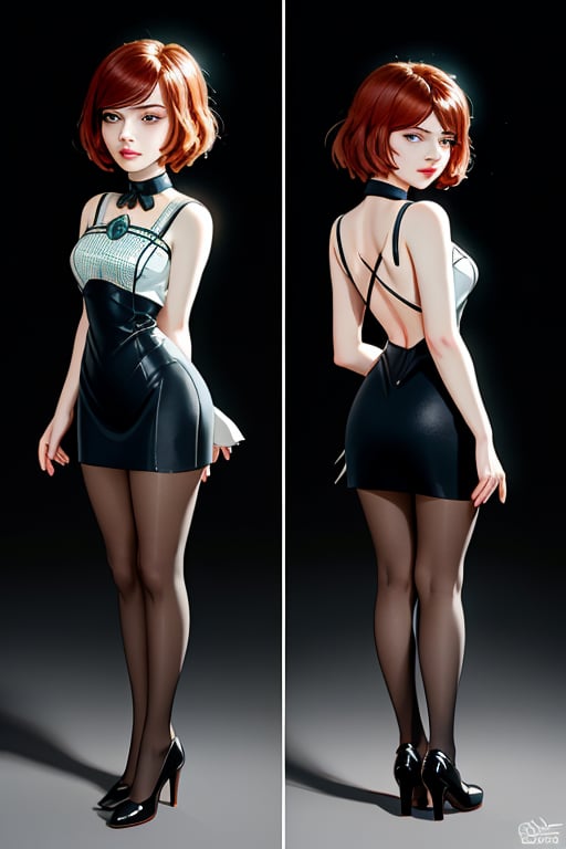 A close-up shot of a standing confidently against a dark background. ((Front and back orthographic view))(Elizabeth from Bioshock) She wears a mini see through dress that showcases her toned legs, paired with opaque black pantyhose that adds a touch of sophistication. Her bright blonde hair is styled neatly, framing her face as she gazes directly at the camera with a hint of mischief in her eyes. Slight false smile