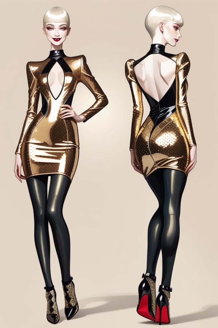 ((Front and back detail view)) Finnish girl. (Fashion Lookbook) Stunning. Smiling. Detailed High heels. Skinny body. Long hair with bangs. Wide hips. Color eyelashes. Happy. golden Carbon and diamond sequin mini tight dress. Standing. Pale skin.