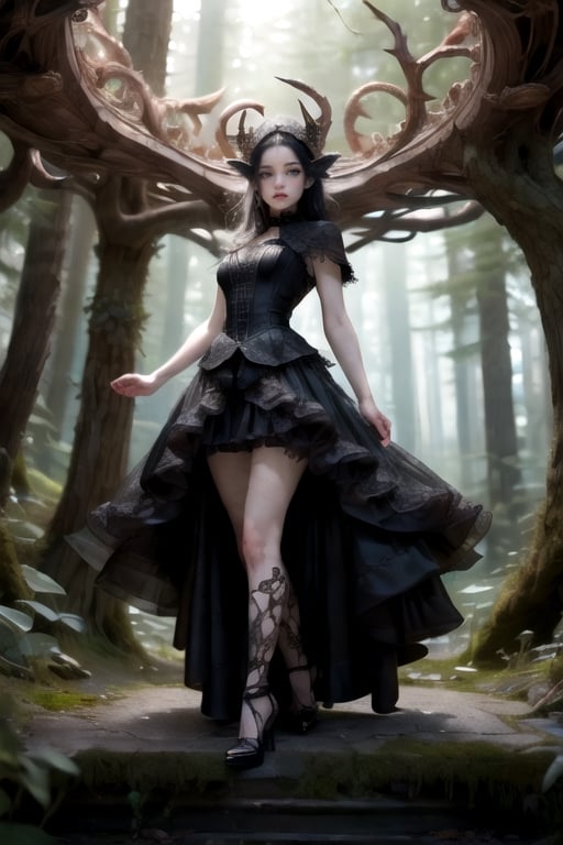 High heels. Detailed and intricate. Elf. black hair. Gothic black dress. forest. POV from below view. porcelain skin,DonMF41ryW1ng5,DonMBl00mingF41ryXL 