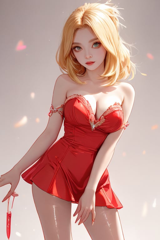 A close-up shot of a blunt bob redhead girl standing confidently against a color background. She wears a mini metallic red dress that showcases her toned legs, paired with opaque black pantyhose that adds a touch of sophistication. Her bright blonde hair is styled neatly, framing her face as she gazes directly at the camera with a hint of mischief in her eyes.