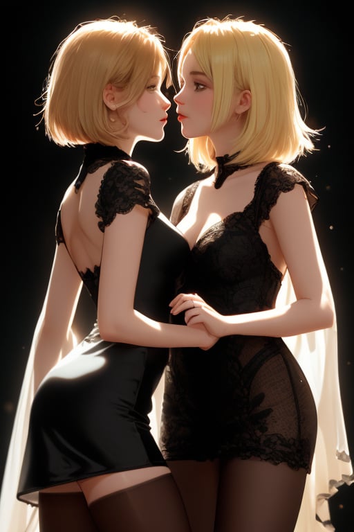 A close-up shot of two blunt bob dark haired girls standing confidently against a dark background. She wears a sleek sheer mini red lace dress that showcases her toned legs, paired with opaque black pantyhose that adds a touch of sophistication. Her bright blonde hair is styled neatly, framing her face as she gazes directly at the camera with a hint of mischief in her eyes., pov lesbian kissing