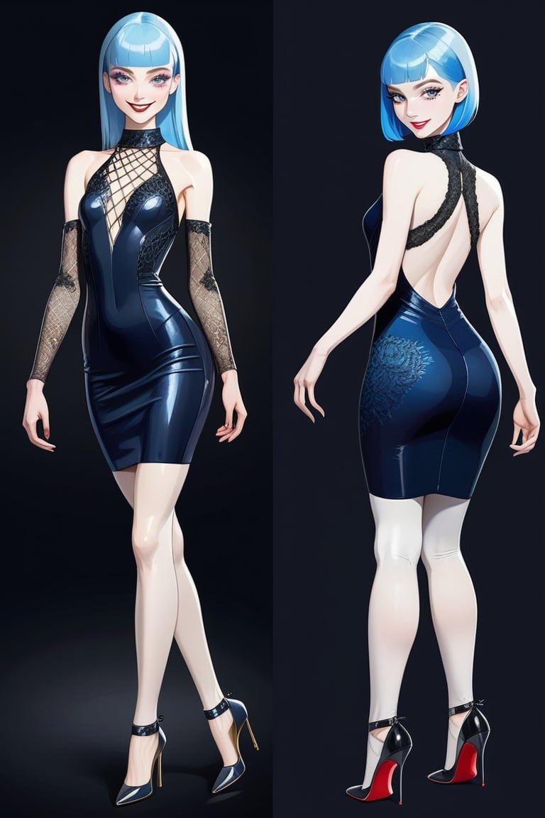 ((Front and back detail view)) Finnish girl. (Fashion Lookbook) Stunning. Smiling. Detailed High heels. Skinny body. Long hair with bangs. Wide hips. Color eyelashes. Happy. Carbon and diamond mini tight dress. Standing. Pale skin. Blue hair