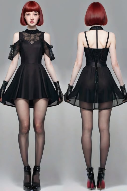 ((Front and back orthographic view)) silhouette visible (sheer gothic dress). Freckles. Redhead blunt bob haircut with straight curtains. Skinny Body. Wide hips. Light smile. Pale creamy skin. High heels