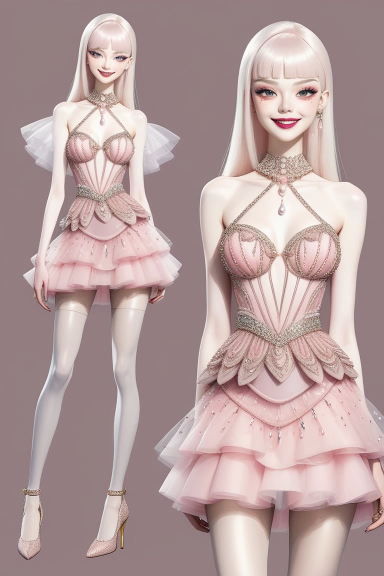 ((Front and back detail view)) Finnish girl. (Fashion Lookbook) Stunning. Smiling. Detailed High heels. Skinny body. Long hair with bangs. Wide hips. Eye shadows. Happy. Pink pearl and diamond layered tulle mini tight dress. Standing. Pale skin.