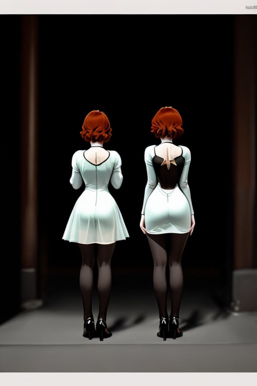 (Front and back outside view) A standing confidently against a dark background. (Elizabeth from Bioshock) She wears a mini see through dress that showcases her toned legs, paired with opaque black pantyhose that adds a touch of sophistication. Her bright blonde hair is styled neatly, framing her face as she gazes directly at the camera with a hint of mischief in her eyes. Slight false smile