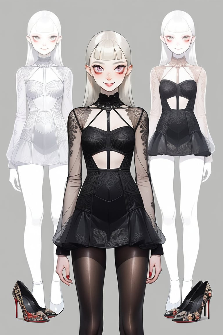 ((Front and back detail view)) Finnish girl. (Fashion Lookbook) Stunning. Smiling. Detailed High heels. Skinny body. Red and black Long hair with bangs. Wide hips. Happy. mini tight transparente see through dress. Standing. Pale skin. Black pantyhose. Cute face