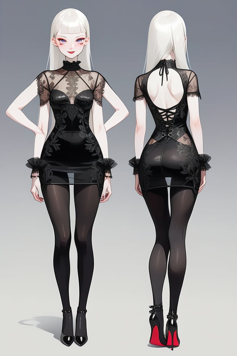 ((Front and back detail view)) Finnish girl. (Fashion Lookbook) Stunning. Smiling. Detailed High heels. Skinny body. Red and black Long hair with bangs. Wide hips. Happy. mini tight transparente see through dress. Standing. Pale skin. Black pantyhose. Cute face