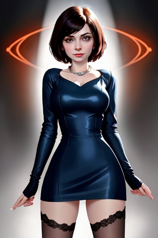 A close-up shot of a standing confidently against a dark background. (Elizabeth from Bioshock) She wears a mini see through dress that showcases her toned legs, paired with opaque black pantyhose that adds a touch of sophistication. Her bright blonde hair is styled neatly, framing her face as she gazes directly at the camera with a hint of mischief in her eyes. Slight false smile