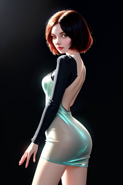 (Front and back view) A standing confidently against a dark background. (Elizabeth from Bioshock) She wears a mini see through dress that showcases her toned legs, paired with opaque black pantyhose that adds a touch of sophistication. Her bright blonde hair is styled neatly, framing her face as she gazes directly at the camera with a hint of mischief in her eyes. Slight false smile