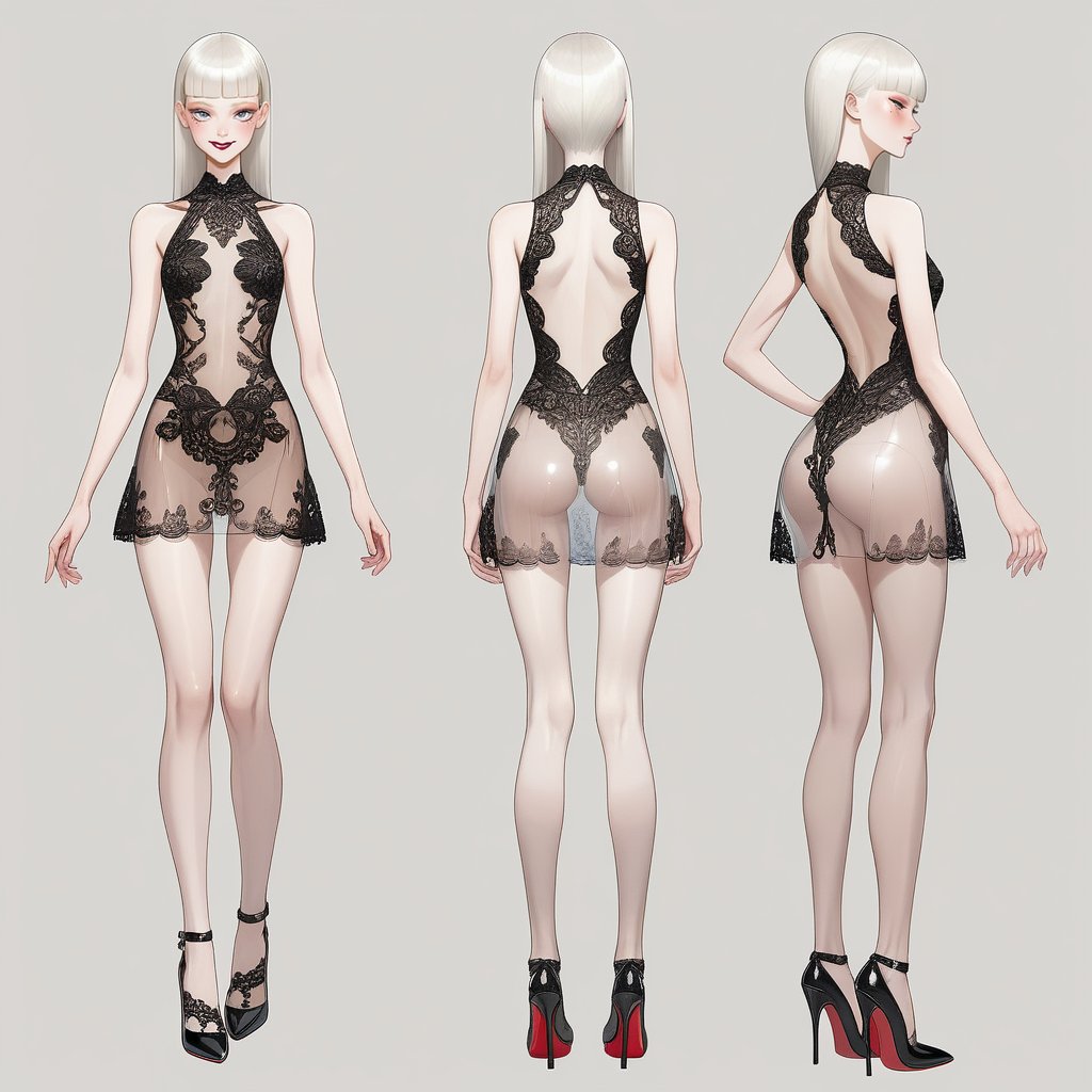 ((Front and back detail view)) Finnish girl. (Fashion Lookbook) Stunning. Smiling. Detailed High heels. Skinny body. Red and black Long hair with bangs. Wide hips. Happy. mini tight transparente see through dress. Standing. Pale skin.