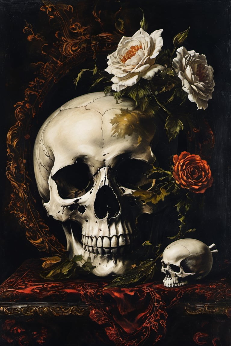 A haunting still life: a vintage-style ceramic cup rests on a dark, velvety black background, its rim slightly upturned as if in anticipation. In the center of the frame, a gleaming white skull sits atop a pedestal or altar, its jaw open wide in a macabre grin. The cup's ornate handle curls around the skull like a serpent, while the surrounding darkness emphasizes the stark, surreal contrast between life and death.