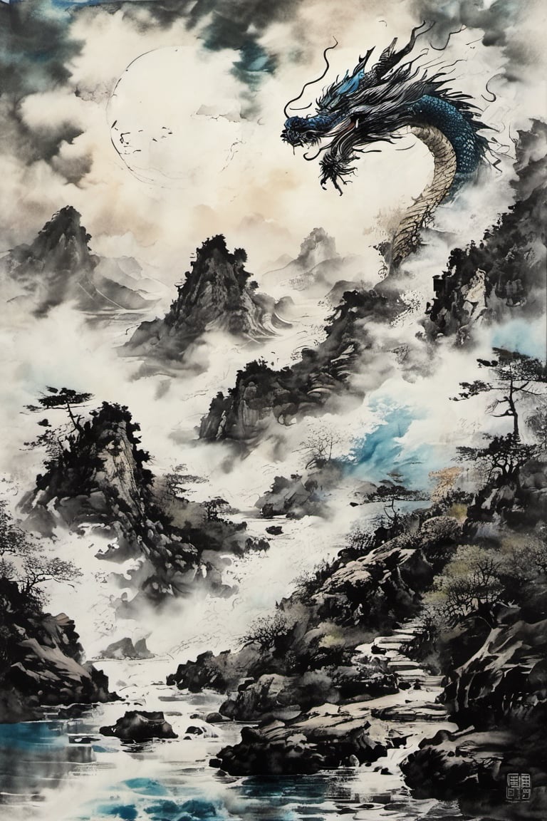 (8K, original, highest quality, famous photo: 1.2), (current, real photo: 1.3), ((3D lighting, aura)),

Blue dragon, summer, broad daylight, noon, 12pm, sea, mythical clouds, ink landscape, Chinese dragon, mountains