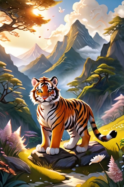 (8K, original, highest quality, famous photo: 1.2), (current, real photo: 1.3), (clear focus on chest), ((3D lighting, aura)),Spring,Sunlight,Plants,Mountains and fields,Baby tiger,Mother tiger,Friendship,Safety,Forest,Exploration,Laughter,Protection,Adorable,Memories,chinese ink drawing,Xxmix_Catecat,mythical clouds
