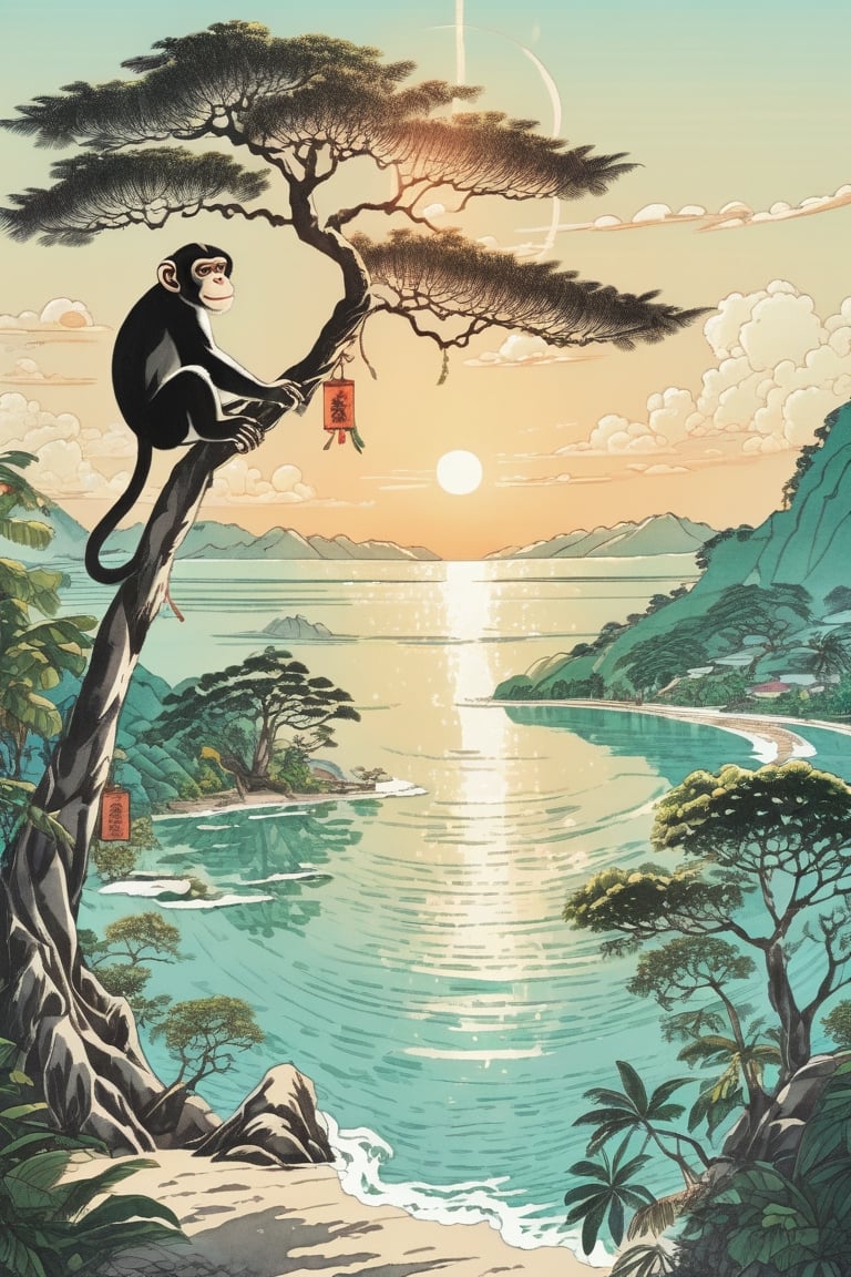 Mountains, fertile land, bright sun, big tree, monkey, monkey on tree,  sea, wide sea