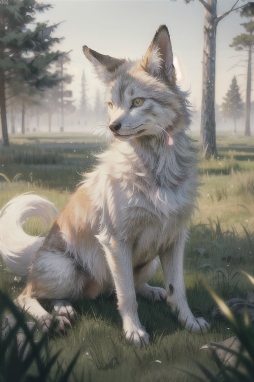 (8K, original, highest quality, famous photo: 1.2), (current, real photo: 1.3), (clear focus on chest), ((3D lighting, aura)), perfect lighting, details, outdoor, no people, animals , traditional media, grass, nature, forest, realistic, animal-centric, nine-tailed fox, post-impressionism, perfect light