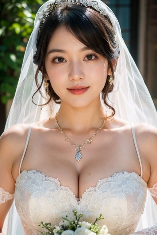 (8K, original photo, highest quality, masterpiece: 1.2), (current, realistic: 1.3), (sharp focus on chest), ((3D lighting, aura)), outdoor wedding hall, colorful and vivid wedding dress, veil, gloves , shoes, ring, colorful necklace, 1 girl, long to medium black hair, chubby girl, big breasts, big buttocks, narrow waist, thick thighs, apple hips, bouquet, holding a bouquet, front view, top view, carpet, perfect lighting , perfect light, clarity, wedding,