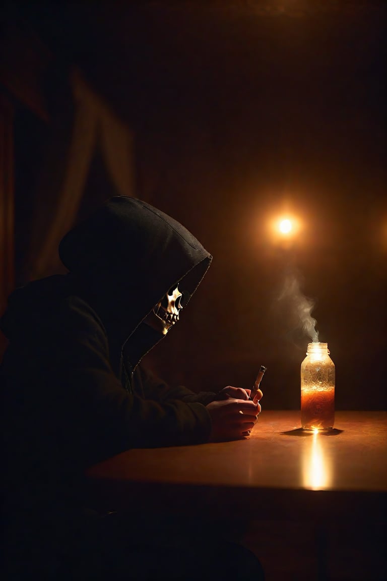 A lone figure sits solo, surrounded by the trappings of indulgence. A single boy, his face obscured by a hoodie, sits at a table with a cup and a bottle. A skull adorned with a cigarette dangles precariously close to his hooded head as he takes a drag, exhaling smoke into the air. The dimly lit indoor setting is illuminated only by the soft glow of a drinking glass, casting an eerie atmosphere over the scene.