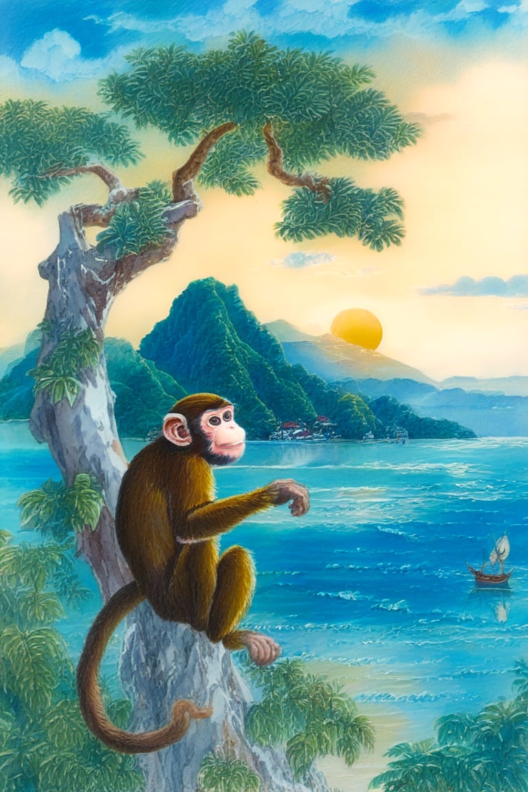 Mountains, fertile land, bright sun, big tree, monkey, monkey on tree,  sea, wide sea