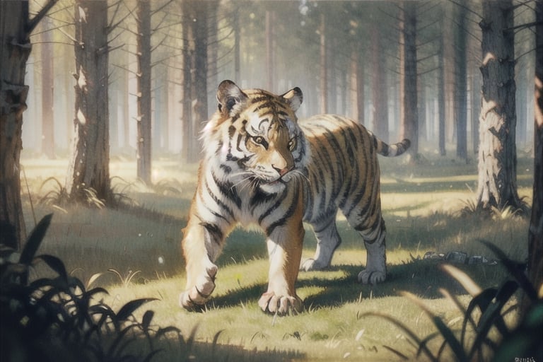 (8K, original, highest quality, famous photo: 1.2), (current, real photo: 1.3), (clear focus on chest), ((3D lighting, aura)), perfect lighting, details,, outdoors, no humans, animal, traditional media, grass, nature, forest, realistic, animal focus, tiger,post-Impressionist,perfect light