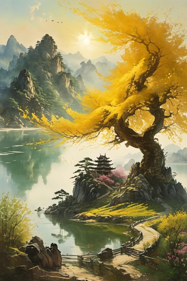 Spring day, morning, sun, big tree, big lake, big rock mountain, big farmland, golden dragon