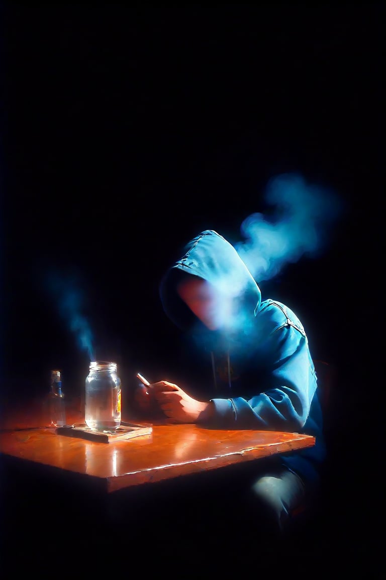 A solo figure of a young man sits alone in a dimly lit indoor setting, his worn denim hoodie pulled up over his head. He puffs on a cigarette, exhaling smoke that curls around the rim of a drinking glass on the table beside him. A cup and bottle sit nearby, abandoned or forgotten. The subject's focus is intently fixed on a skull-shaped ashtray in front of him, his male gaze unwavering as he savors the moment.