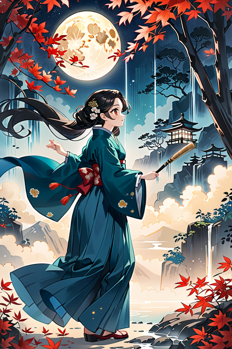 A serene scene unfolds: a lone girl, adorned in traditional Japanese attire and hakama pants, stands tall amidst the gentle rustle of leaves. Her long black hair flows behind her like a dark waterfall as she holds a delicate fan to shield herself from the soft breeze carrying the whispers of falling maple leaves. The moon casts an ethereal glow above, illuminating the tree's branches that seem to sway in harmony with her movements.