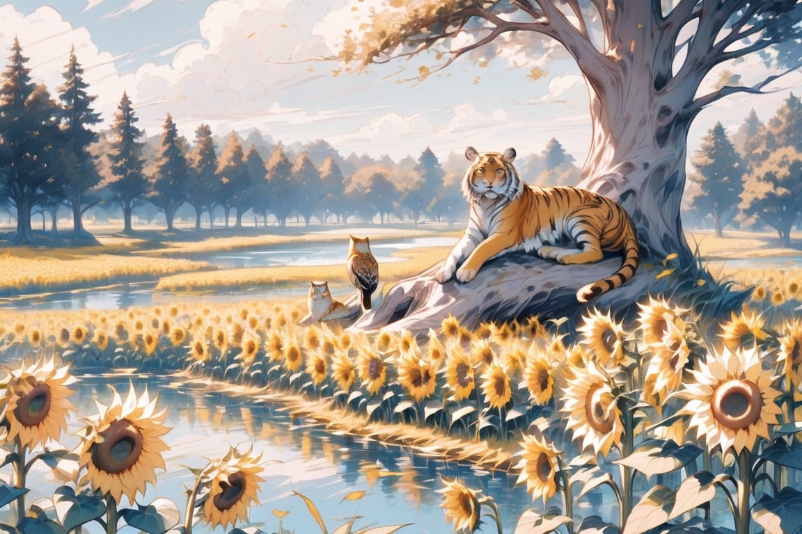 
Here's the prompt translated into English:

"At the edge of a pond, beautiful sunflowers bloom. Sitting quietly at the edge of the sunflower field is a tiger. Contrary to its wild nature, the tiger calmly observes its surroundings. Meanwhile, deep within the sunflower field, an owl perches on a tree, silently contemplating something. Suddenly, a carp emerges from the pond's surface. How do these four elements connect, and what message does this story convey?"