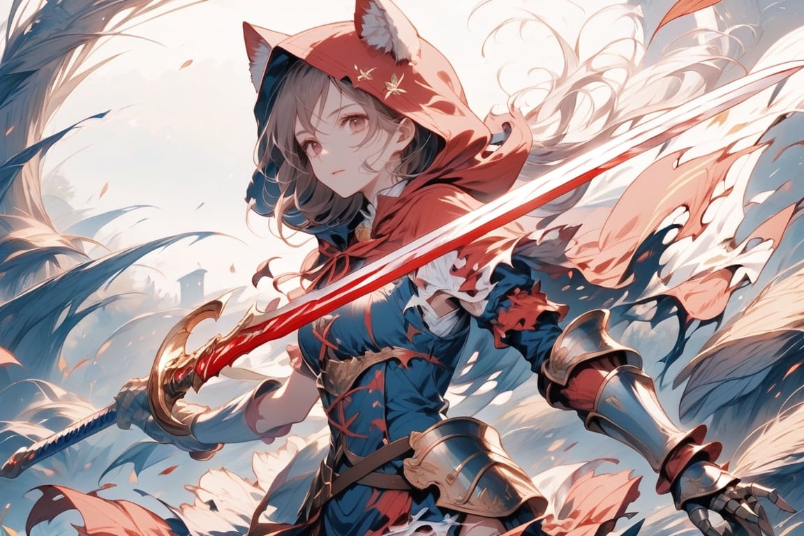solo, red eyes, 1girls, holding, weapon, male focus, sword, hood, holding weapon, armor, torn clothes, glowing, holding sword, gauntlets, cloak, hood up