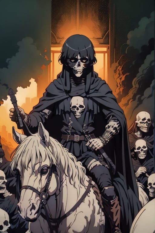 black hair, weapon, male focus, multiple boys, hood, cloak, skull, riding, horse, skeleton, horseback riding,nodf_lora,monochrome,Dorothy