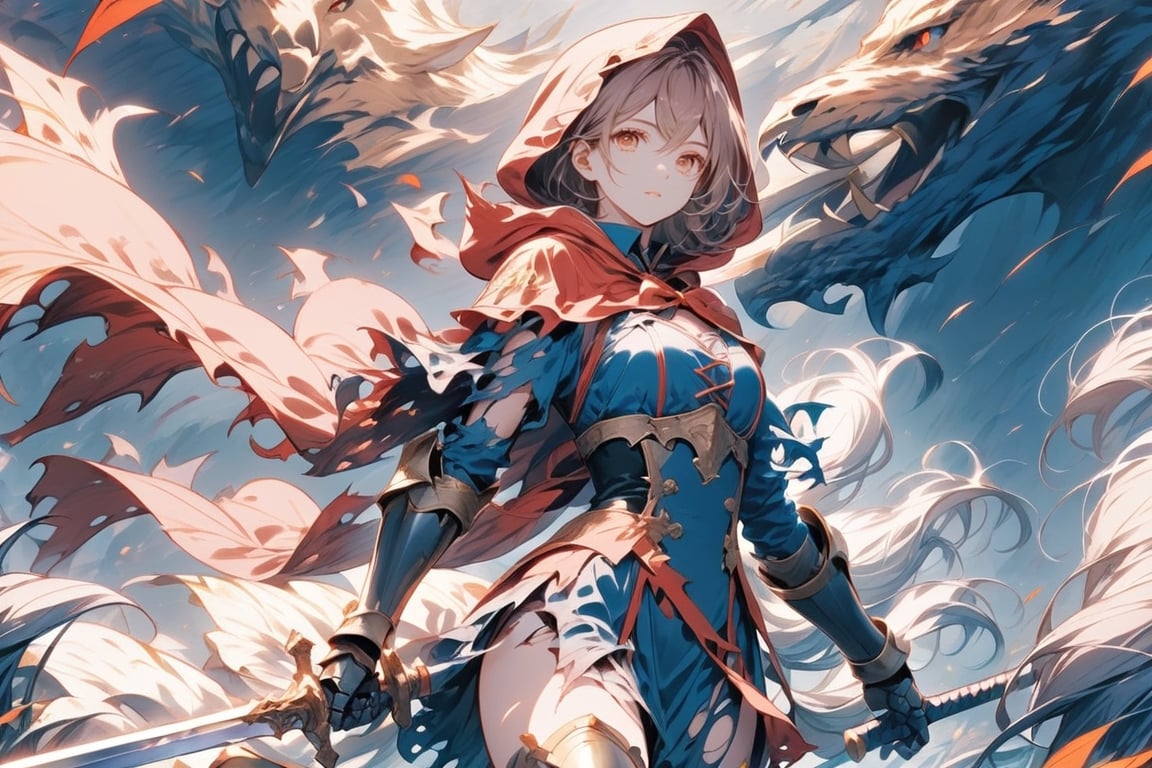 solo, red eyes, 1girls, holding, weapon, male focus, sword, hood, holding weapon, armor, torn clothes, glowing, holding sword, gauntlets, cloak, hood up