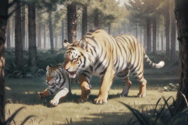 (8K, original, highest quality, famous photo: 1.2), (current, real photo: 1.3), (clear focus on chest), ((3D lighting, aura)), perfect lighting, details,, outdoors, no humans, animal, traditional media, grass, nature, forest, realistic, animal focus, tiger,post-Impressionist,perfect light