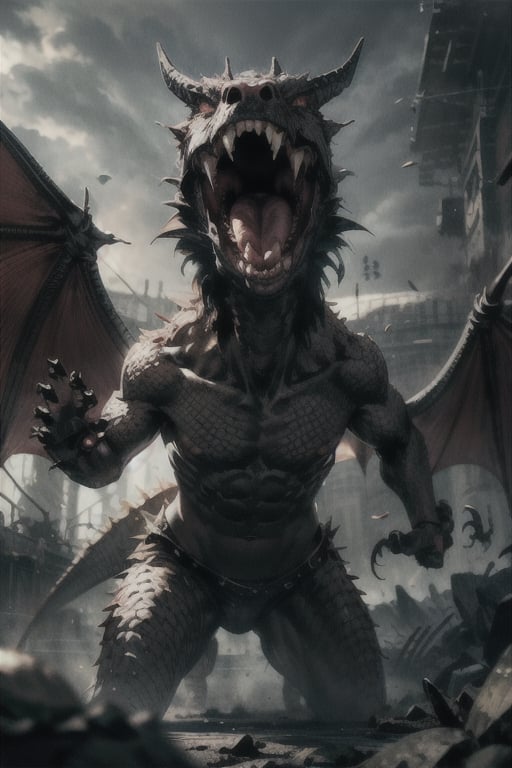 (8K, original, highest quality, famous photo: 1.2), (current, real photo: 1.3), (clear focus on chest), ((3D lighting, aura)), perfect lighting, details,, open mouth, horns, teeth, tongue, no humans, fangs, sharp teeth, claws, monster, dragon, scales, multiple heads