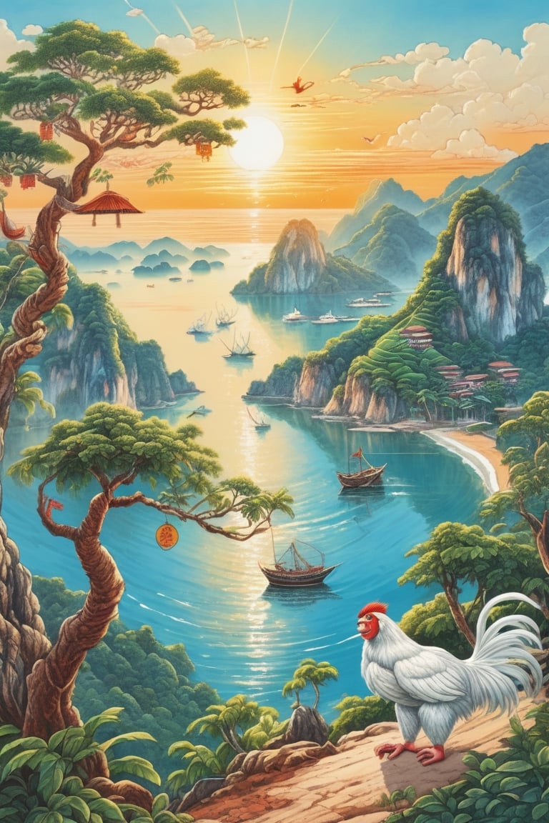 Mountains, fertile land, bright sun, big tree, monkey, monkey on tree, chicken, white chicken, sea, wide sea