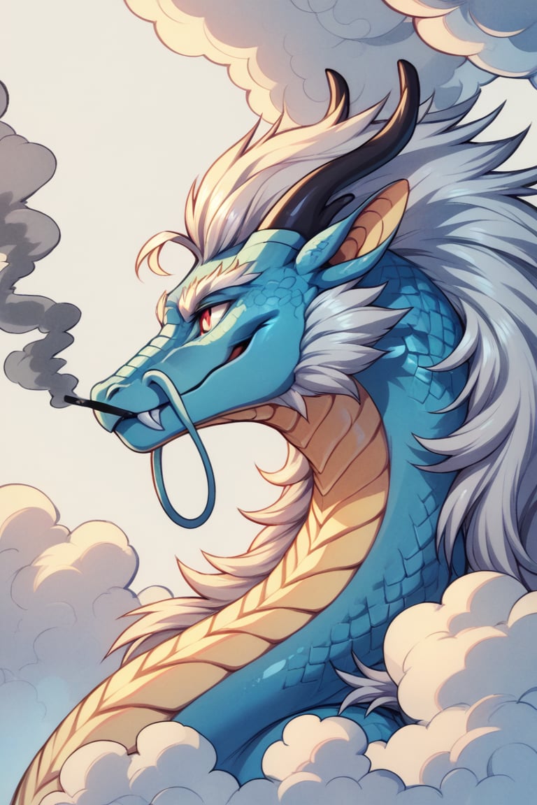 simple background, white background, cloud, no humans, smoke, spot color, dragon, eastern dragon,score_9