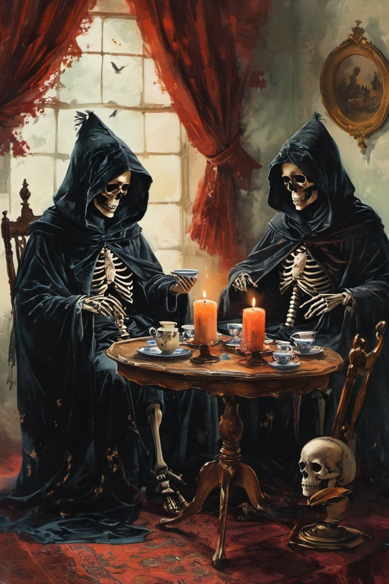 holding, sitting, multiple boys, indoors, hood, 2boys, cup, bird, chair, traditional media, table, cloak, plate, hood up, teacup, skull, robe, spoon, candle, hooded cloak, saucer, skeleton