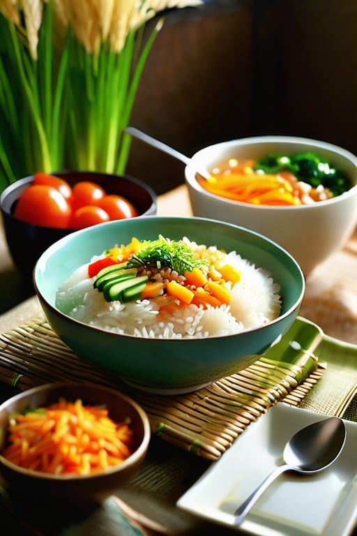 food, cup, no humans, plate, bowl, realistic, spoon, rice, food focus, vegetable, still life,booth