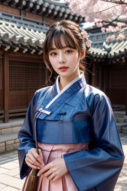 (8K, original, highest quality, famous photo: 1.2), (current, real photo: 1.3), ((3D lighting, aura)),

Blue eyes, 1girl, holding, weapon, female focus, cherry blossom hanbok, flower bouquet, shoulder cloak, sheath, cherry blossom, spring, bamboo, lotus flower, architecture, East Asian architecture, Joseon tile house,Hanbok