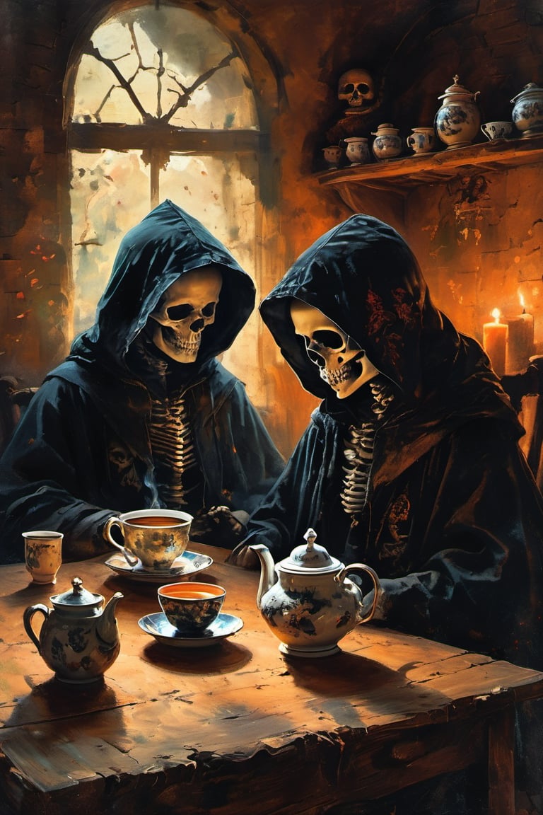 A dimly lit indoor scene with a hooded figure sitting on a worn wooden chair. Two young boys, dressed in traditional attire, sit at a small table surrounded by the accoutrements of tea time: cups, plates, and saucers. A candle casts a warm glow, illuminating the scene. In the background, a skeleton perches on a nearby shelf, its skull grinning mischievously. The hooded figure, donning a cloak, holds a teacup and spoon, as if sipping a cup of tea. The boys' eyes are fixed intently on the mysterious stranger, their faces aglow with curiosity.